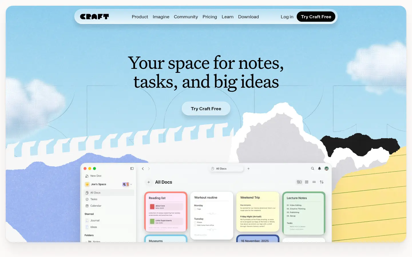 Craft docs app site, first screen, design by Craft