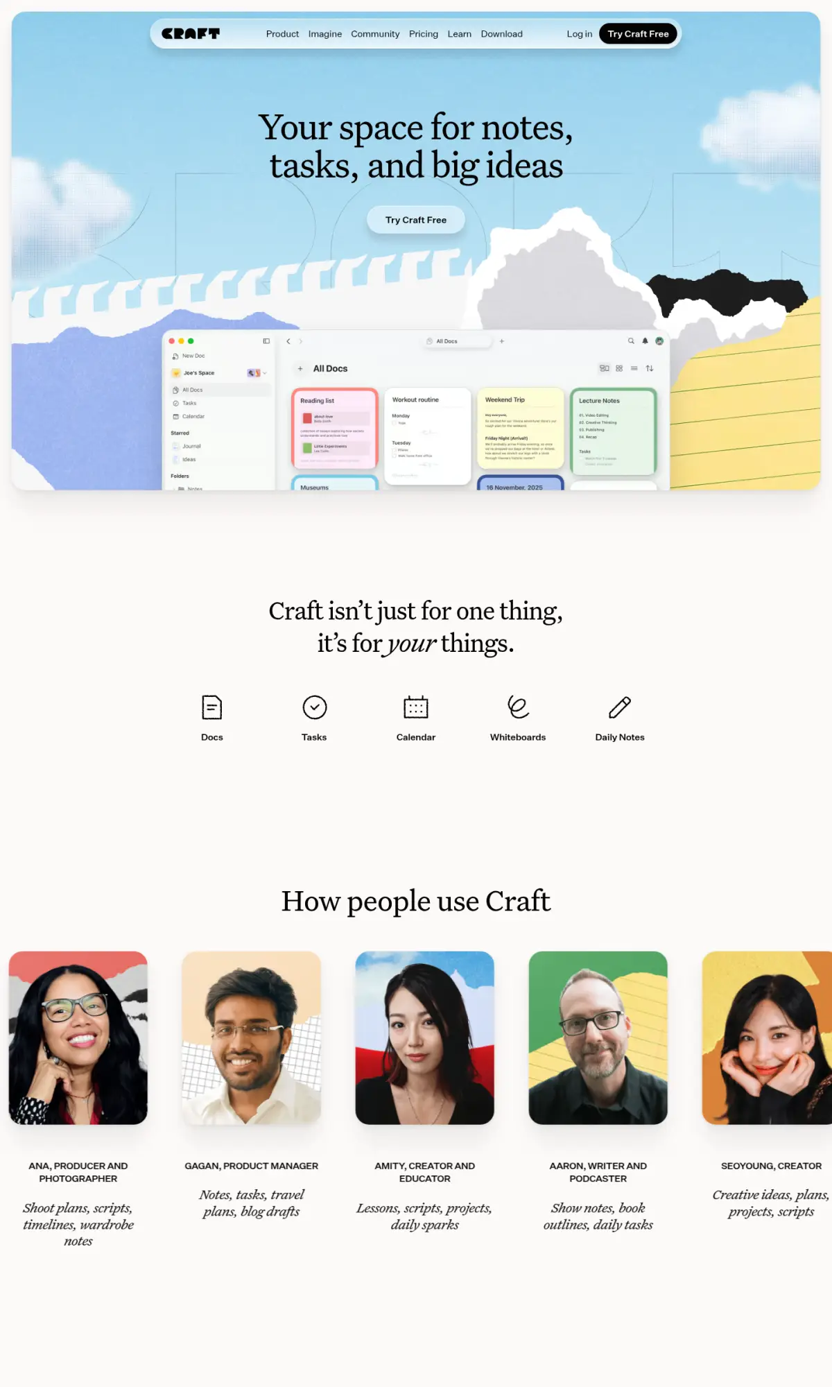 Craft docs app site, the page as you scroll