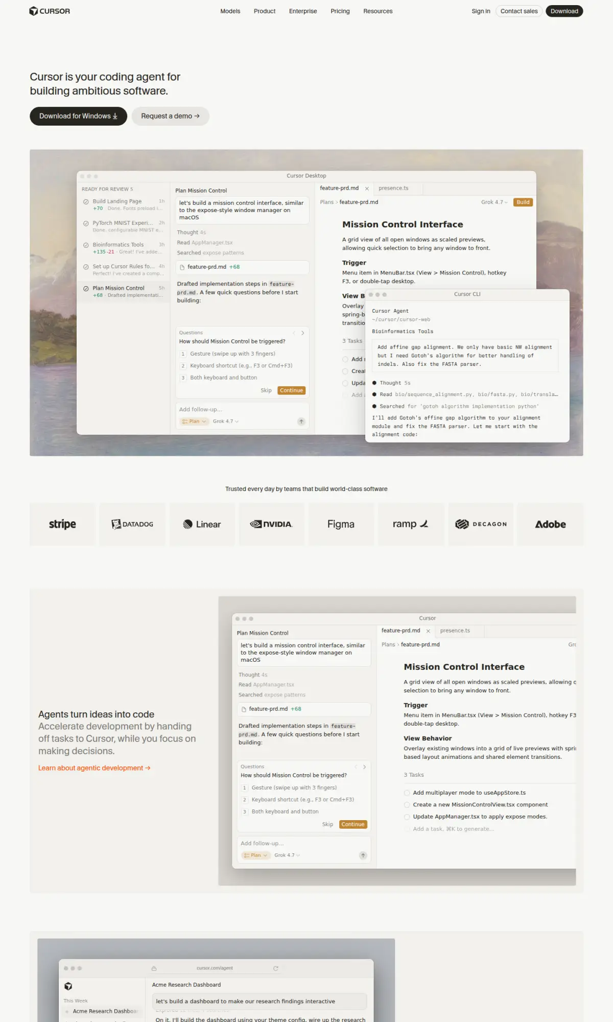 Cursor homepage, the page as you scroll