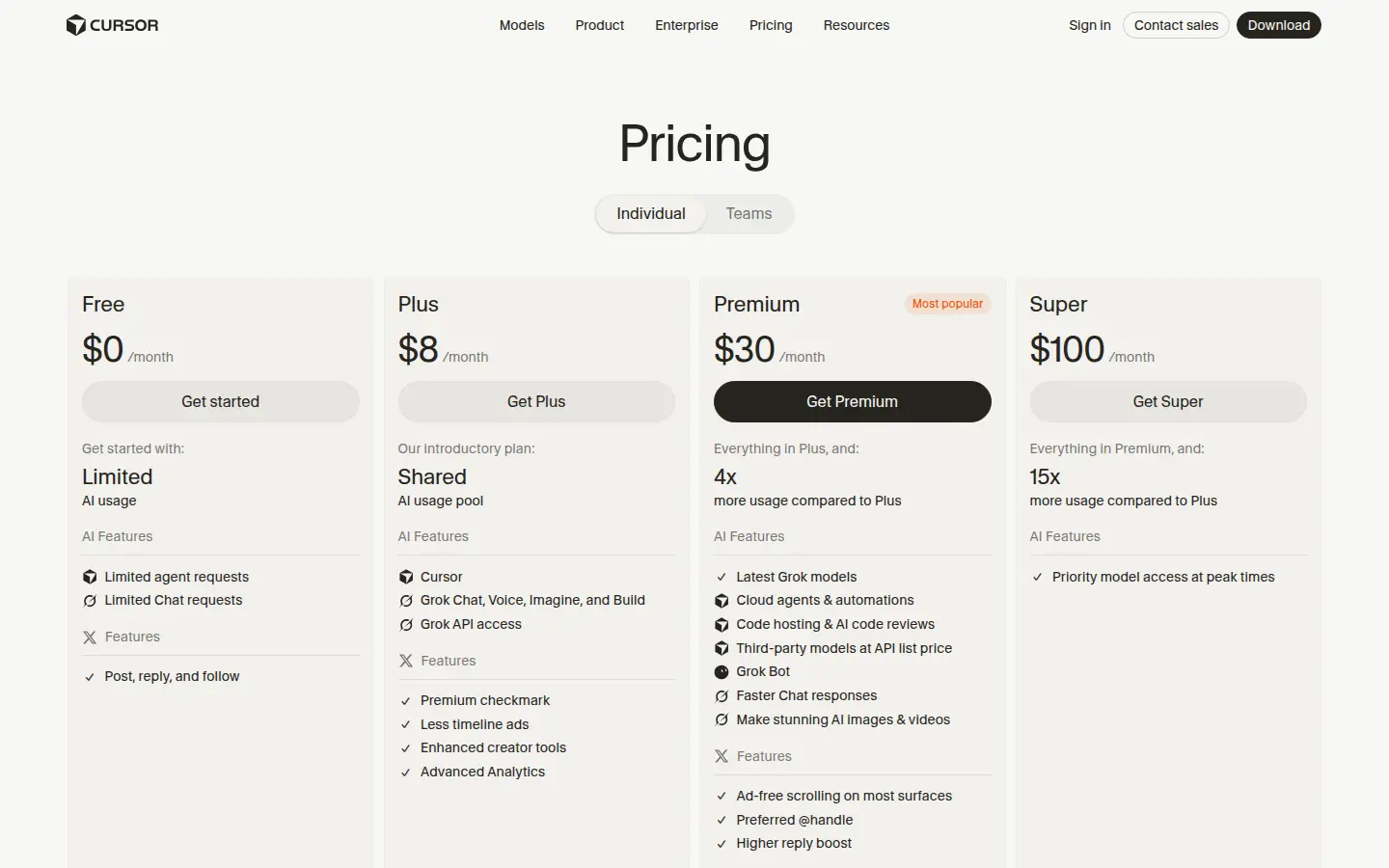 Cursor pricing page, first screen, design by Anysphere