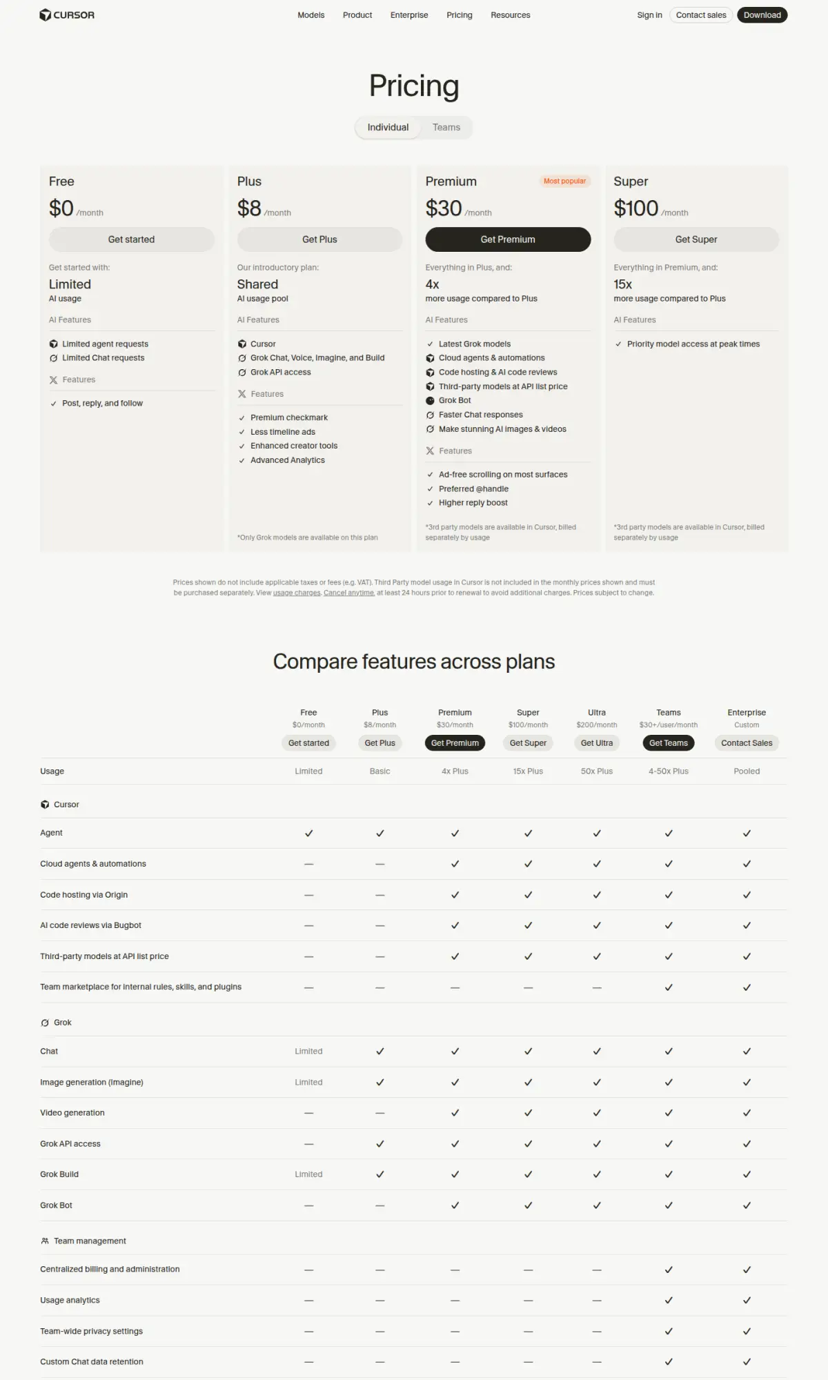 Cursor pricing page, the page as you scroll