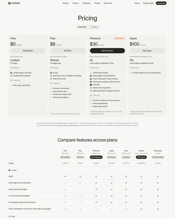 Cursor pricing page, design by Anysphere