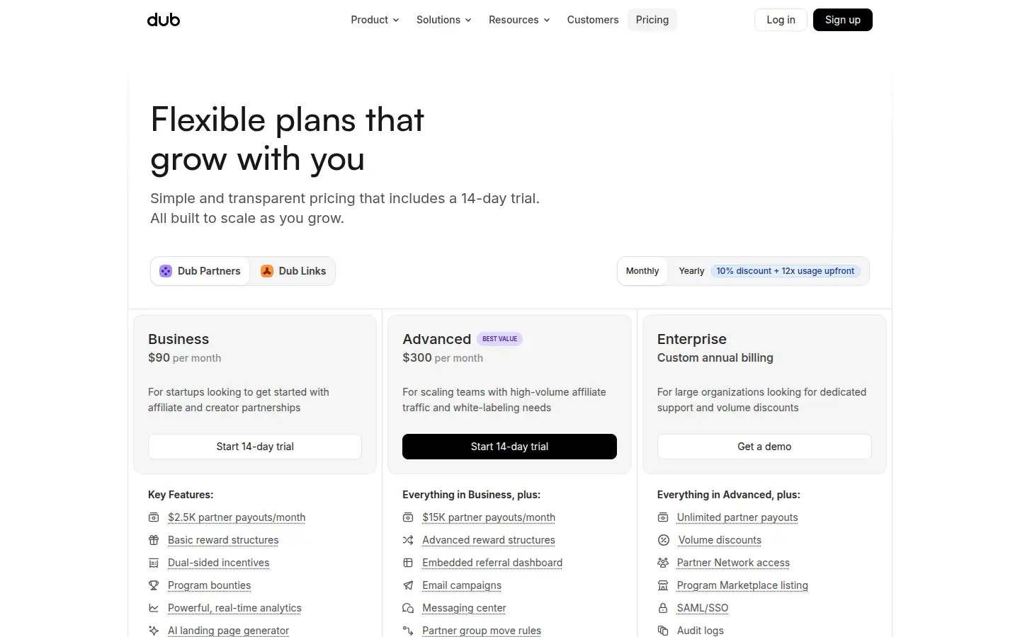 Dub pricing page, first screen, design by Dub