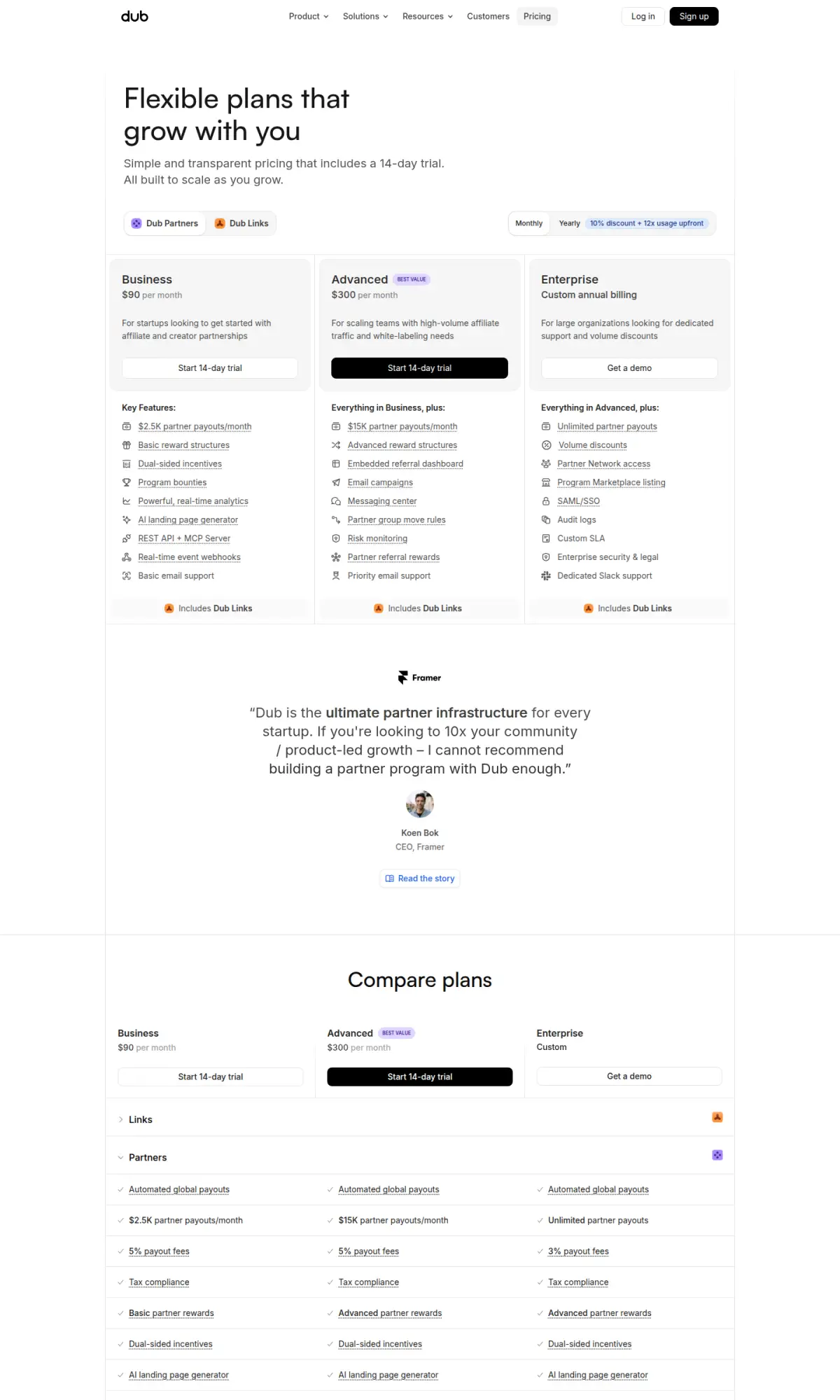 Dub pricing page, the page as you scroll