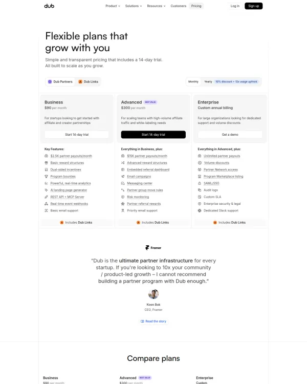 Dub pricing page, design by Dub