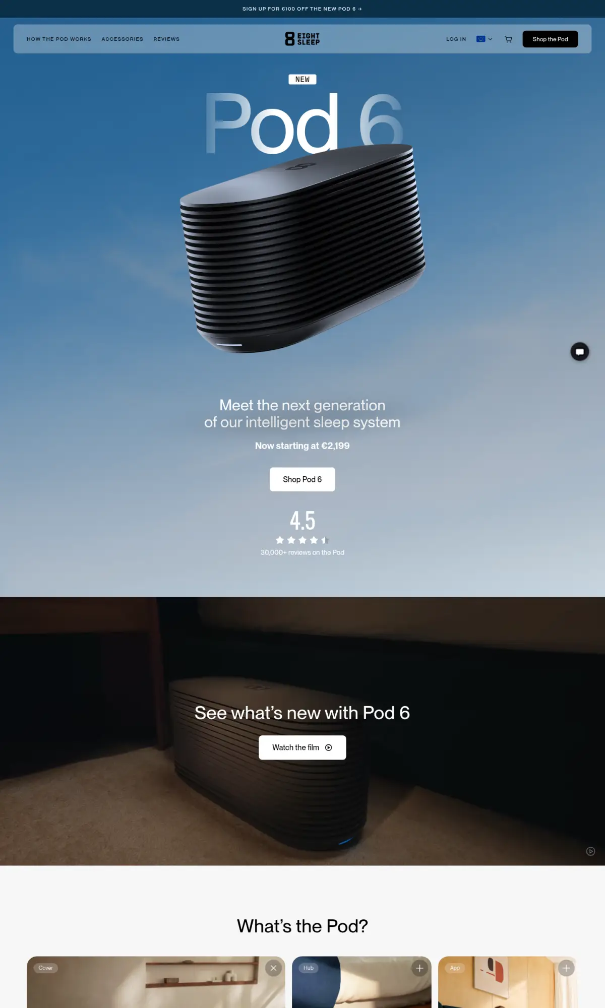 Eight Sleep homepage, the page as you scroll