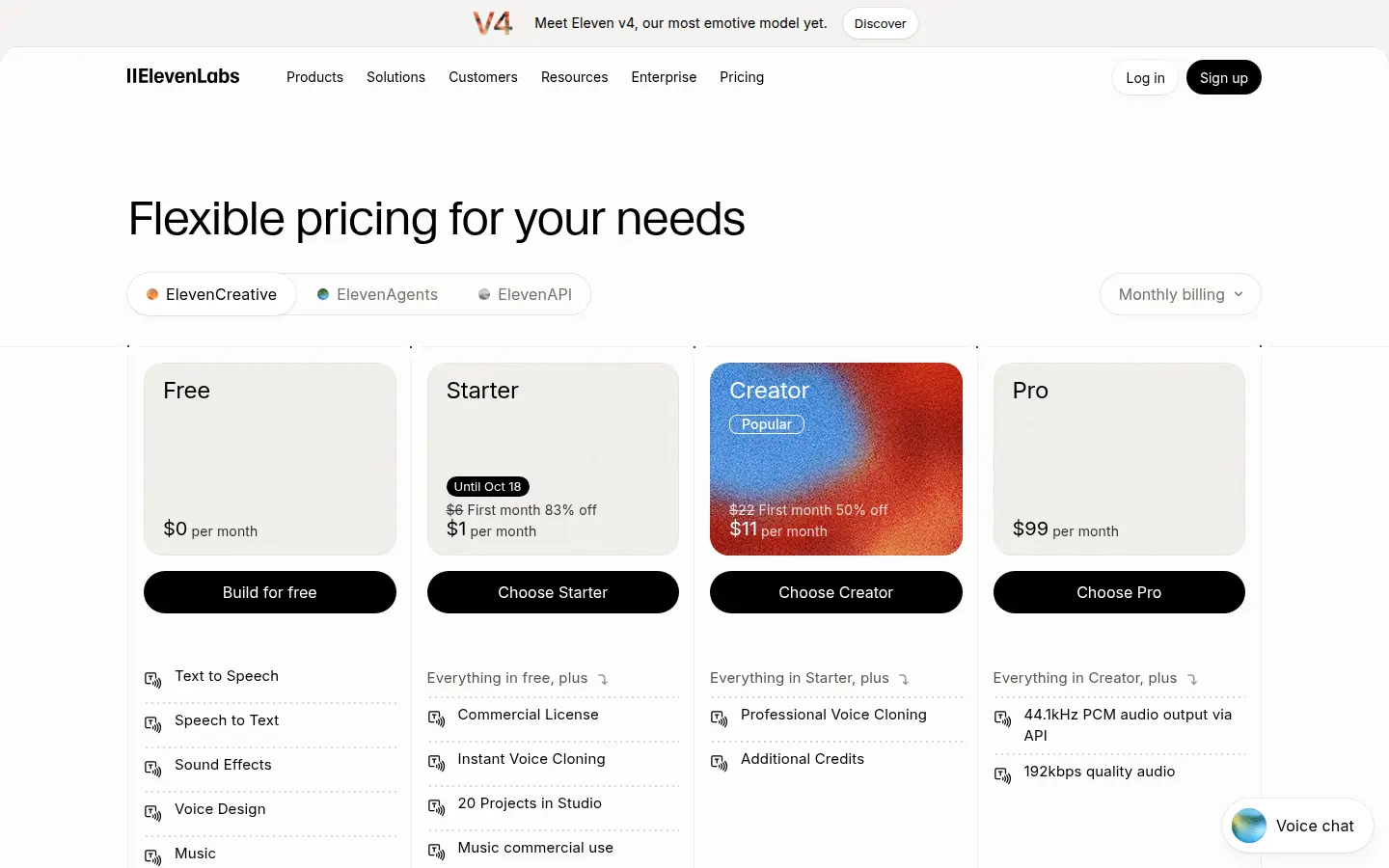 ElevenLabs pricing page, first screen, design by ElevenLabs