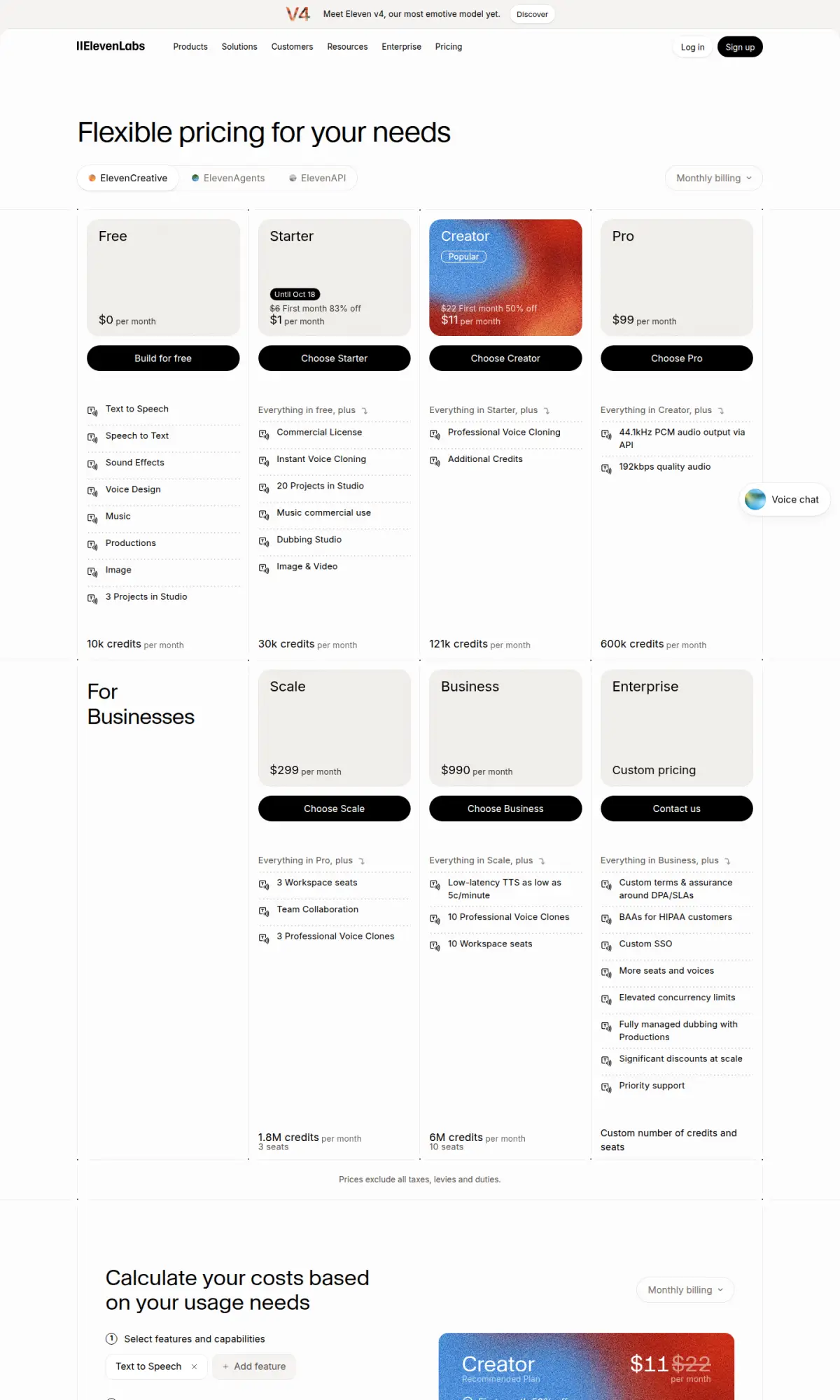 ElevenLabs pricing page, the page as you scroll