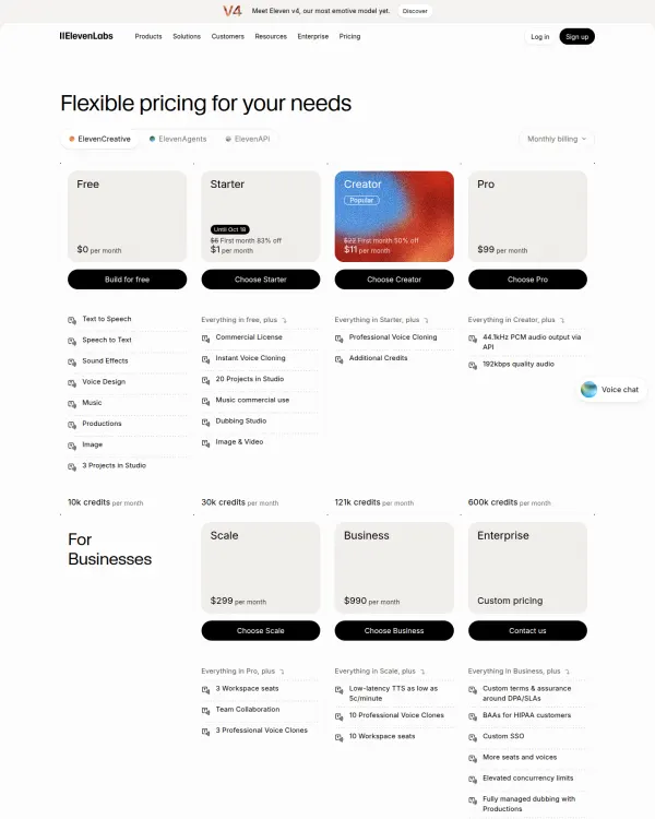 ElevenLabs pricing page, design by ElevenLabs