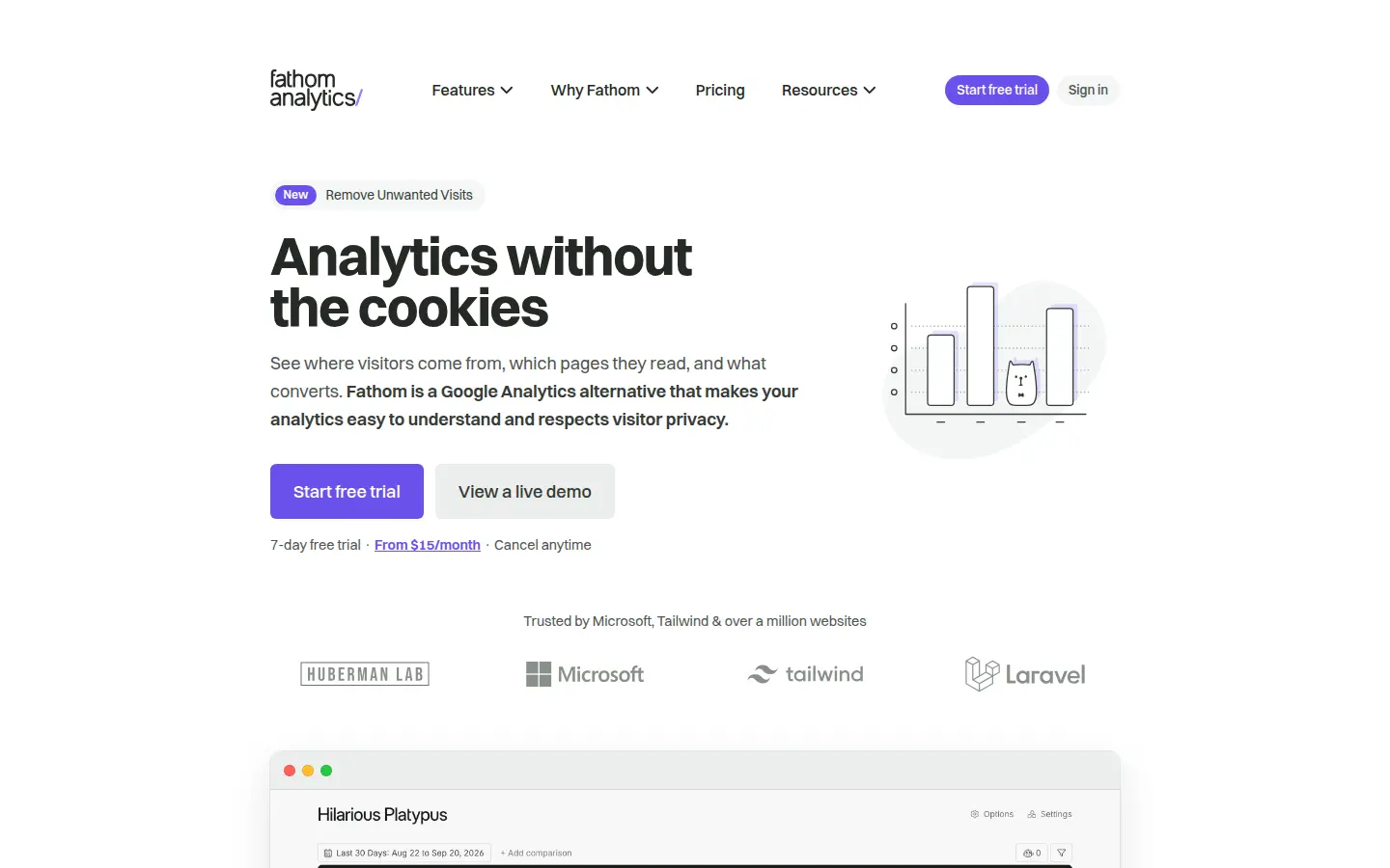 Fathom Analytics homepage, first screen, design by Fathom Analytics