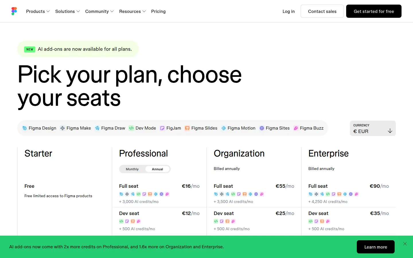 Figma pricing page, first screen, design by Figma