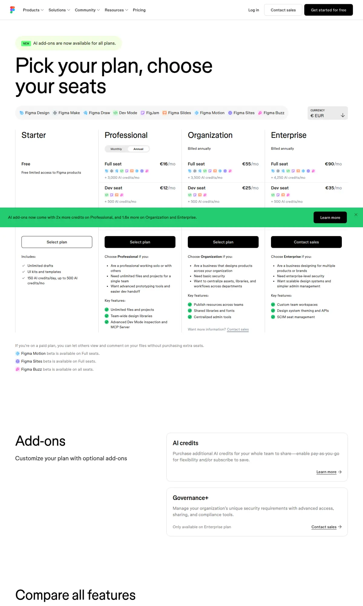 Figma pricing page, the page as you scroll