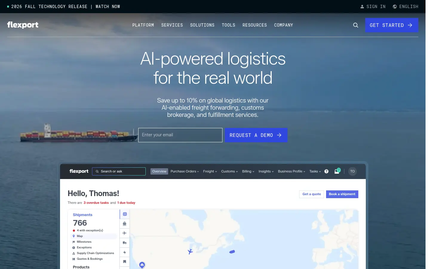 Flexport homepage, first screen, design by Flexport