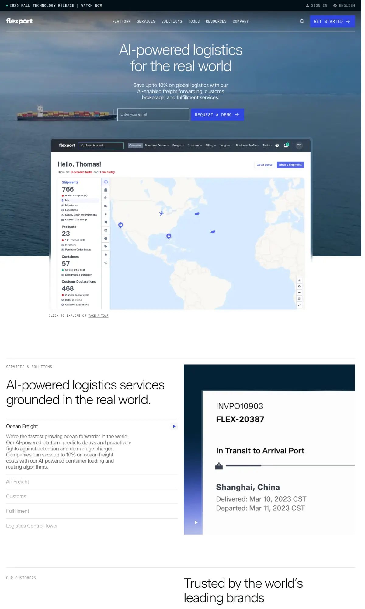 Flexport homepage, the page as you scroll
