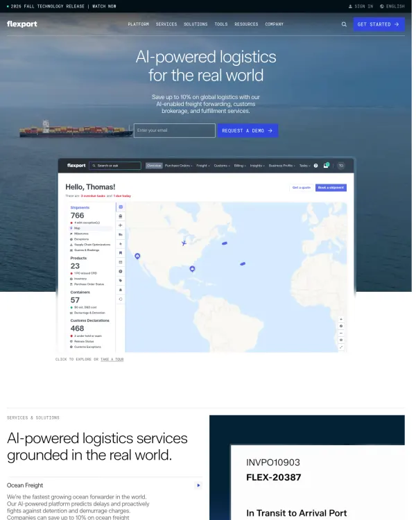 Flexport homepage, design by Flexport