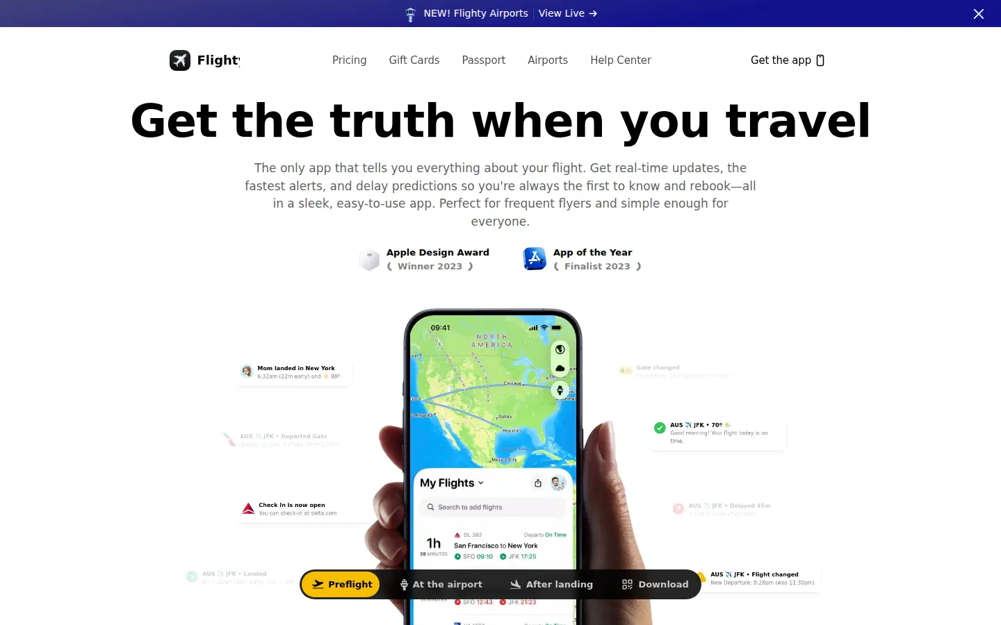 Flighty app site, first screen, design by Flighty