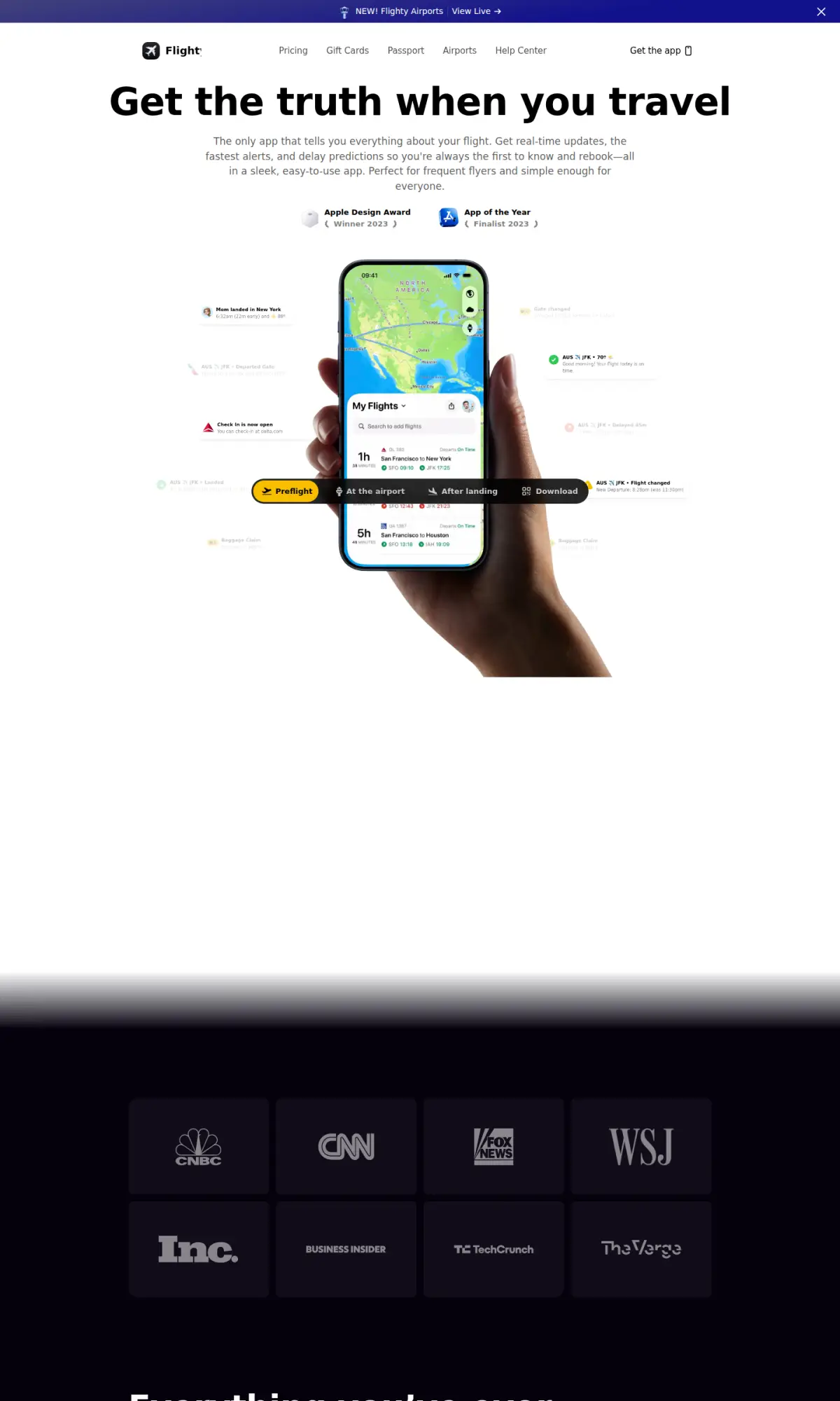 Flighty app site, the page as you scroll