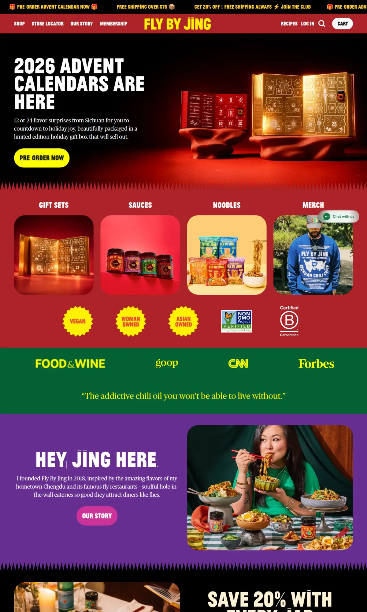 Fly By Jing homepage, the page as you scroll