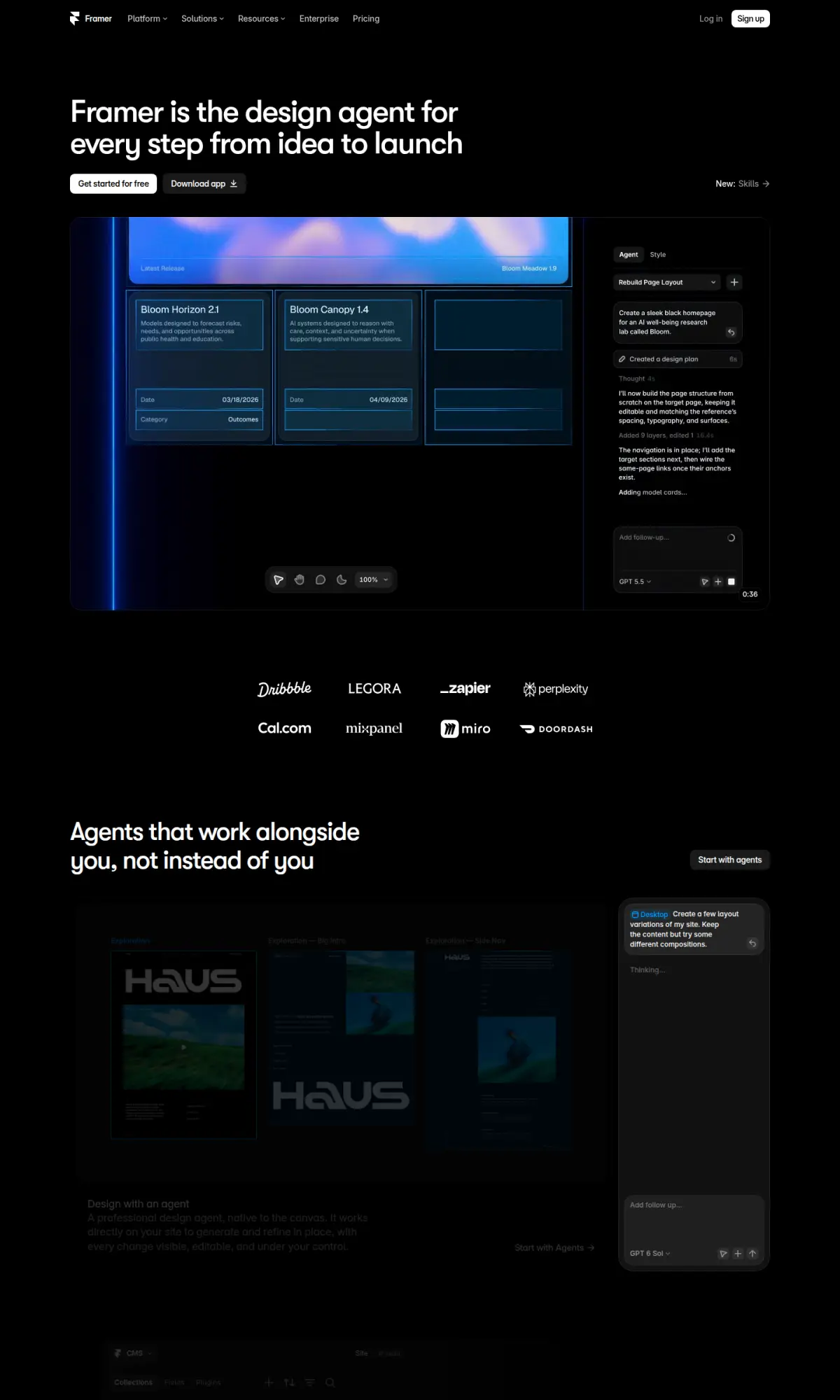 Framer homepage, the page as you scroll