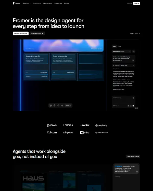 Framer homepage, design by Framer