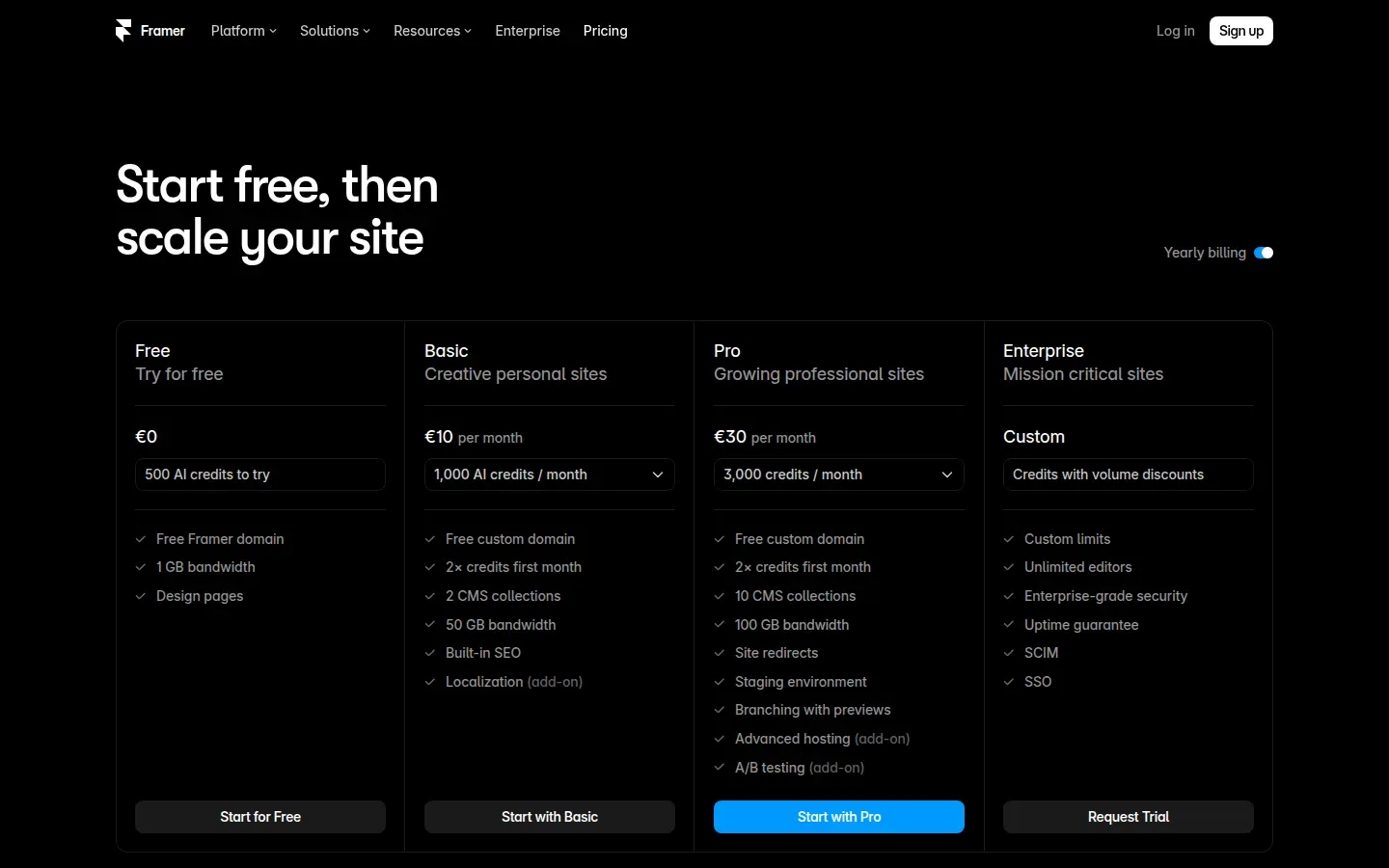 Framer pricing page, first screen, design by Framer