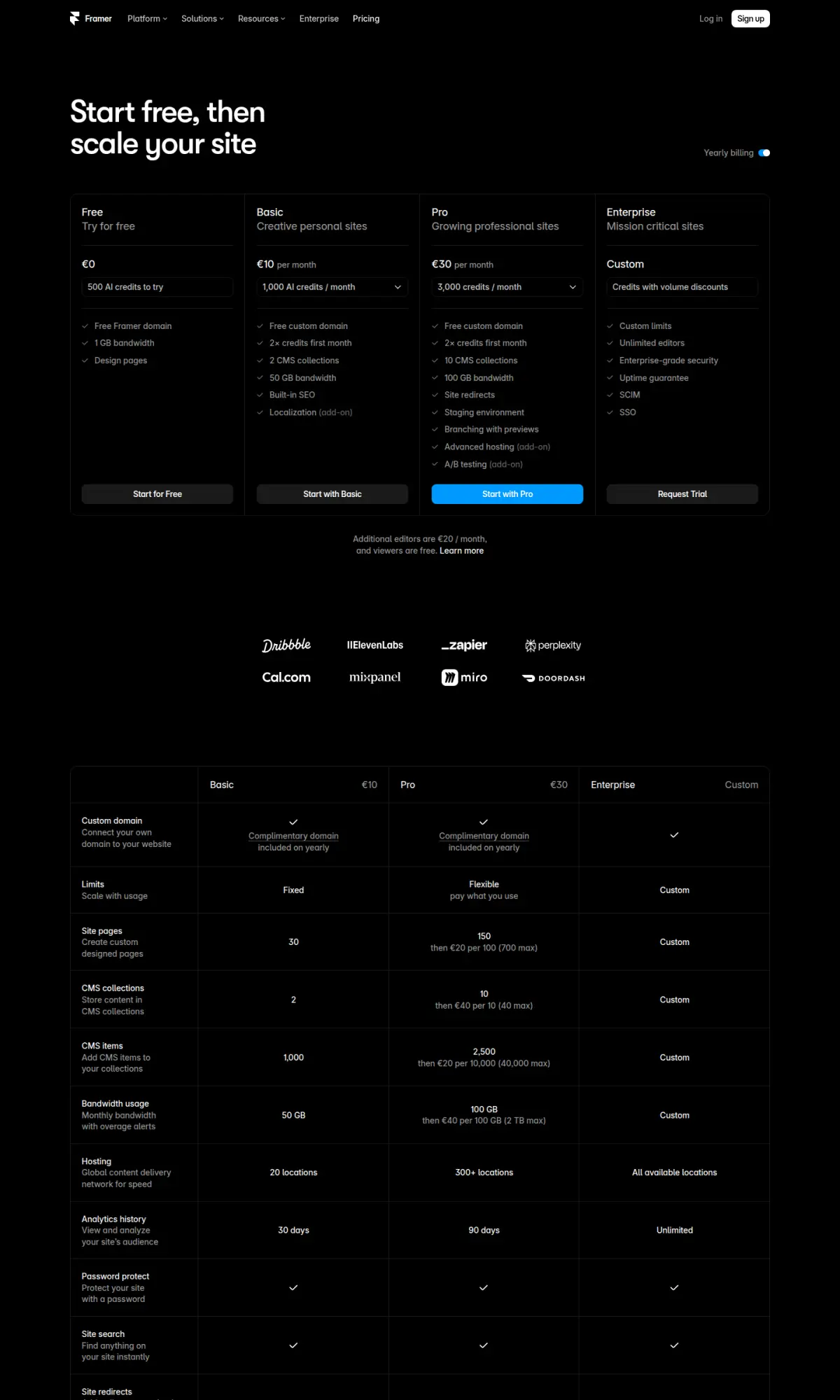 Framer pricing page, the page as you scroll