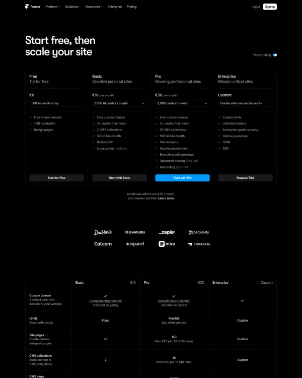 Framer pricing page, design by Framer