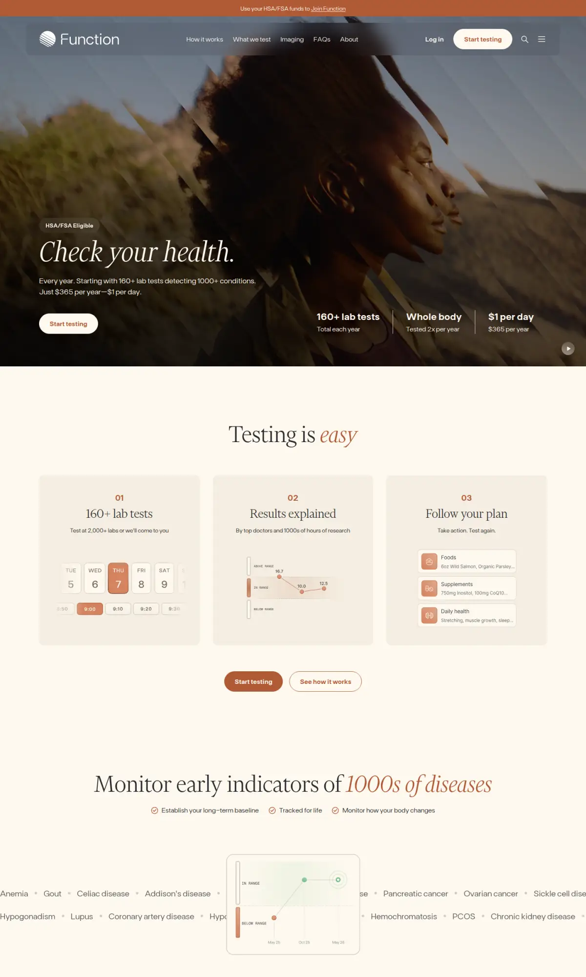 Function Health homepage, the page as you scroll