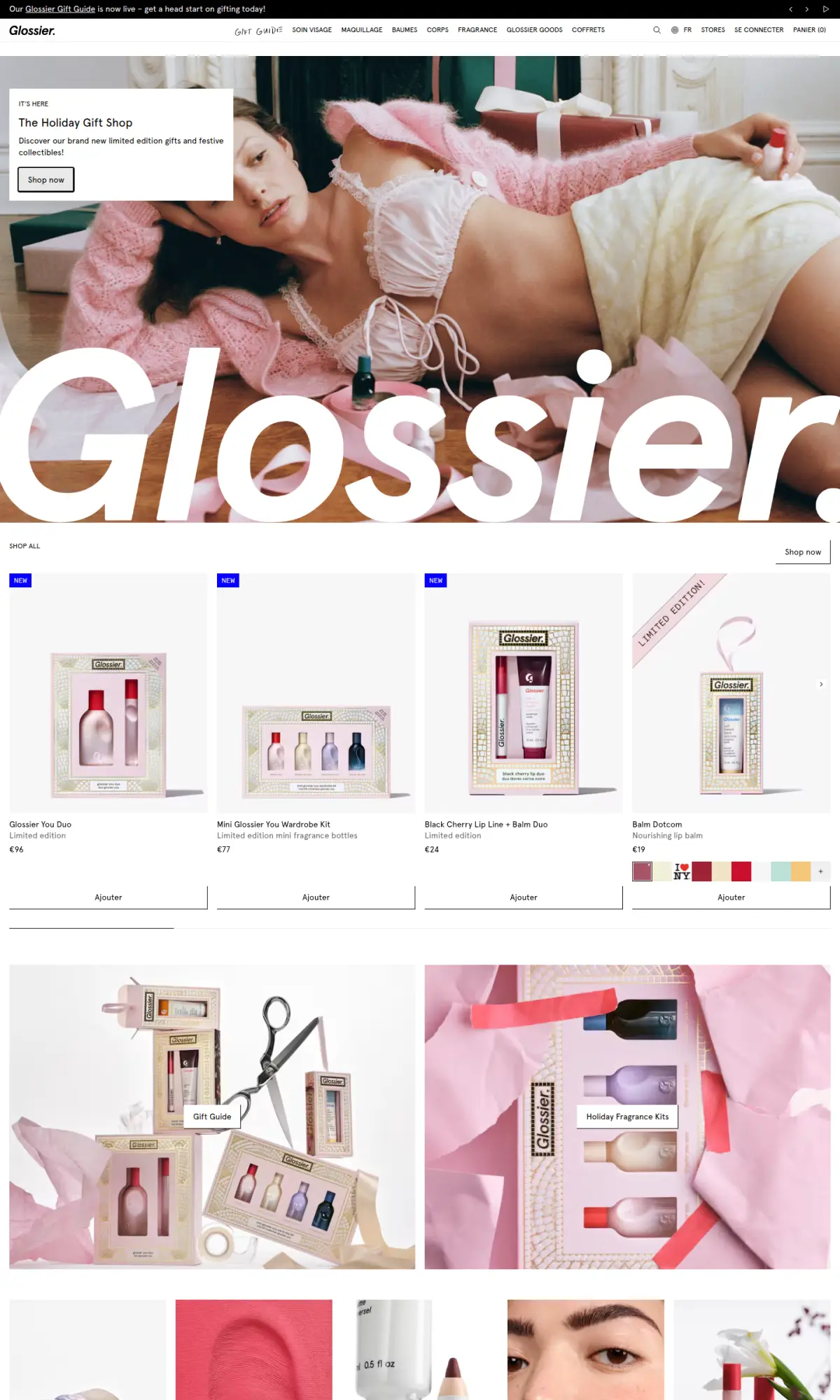 Glossier homepage, the page as you scroll