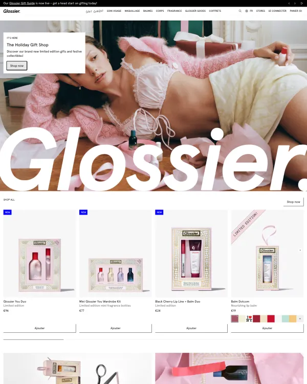 Glossier homepage, design by Glossier