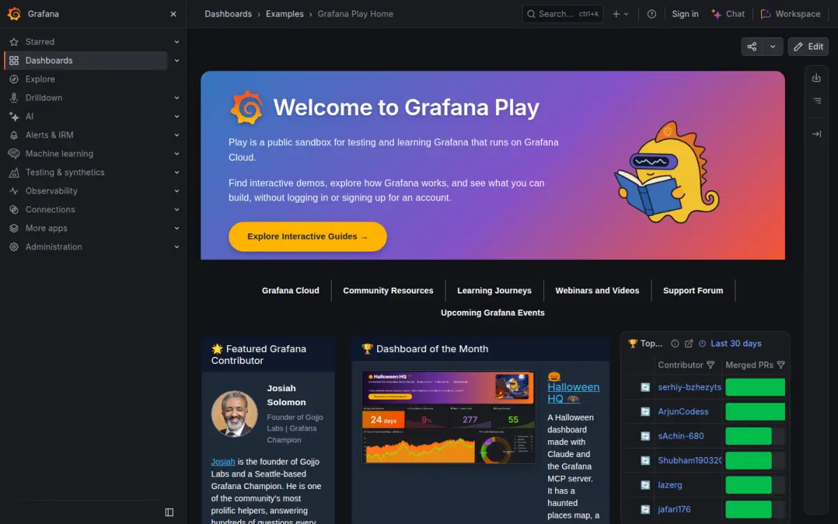 Grafana Play public dashboards, the page as you scroll