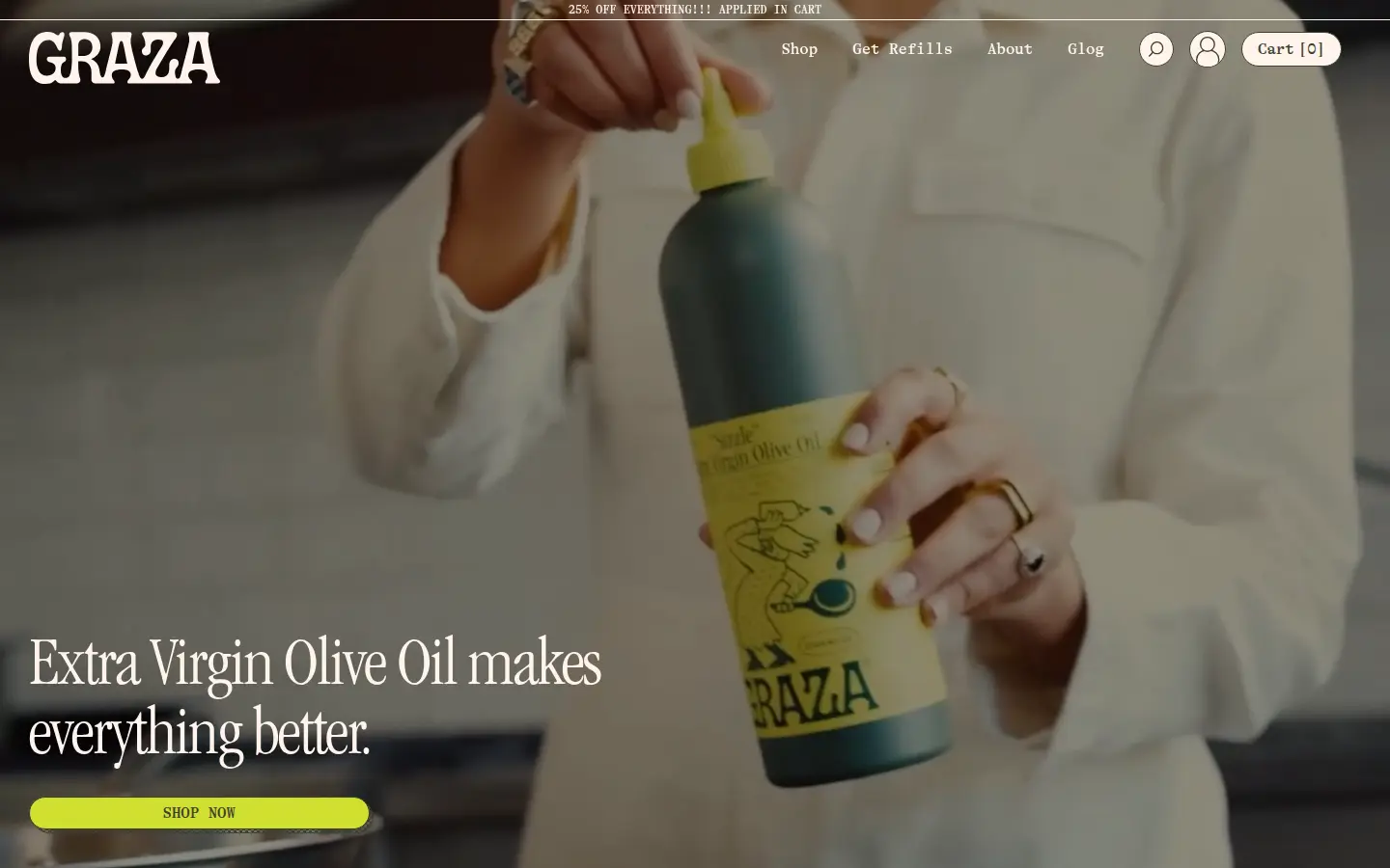 Graza olive oil homepage, first screen, design by Graza