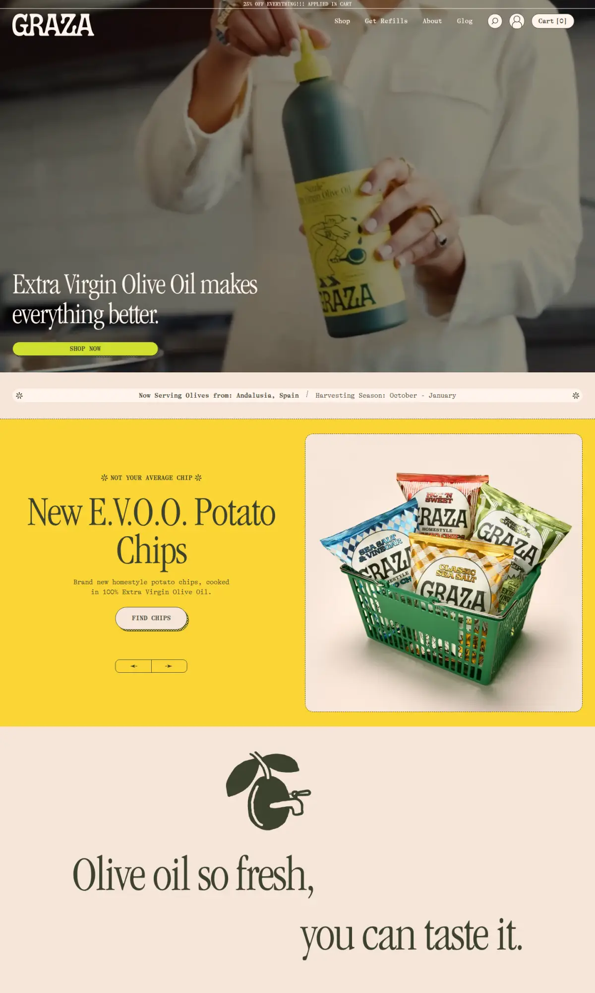 Graza olive oil homepage, the page as you scroll