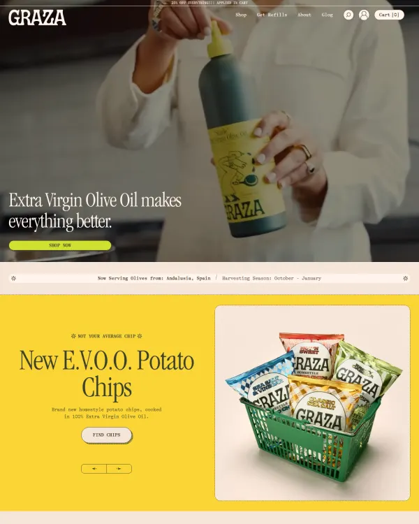 Graza olive oil homepage, design by Graza