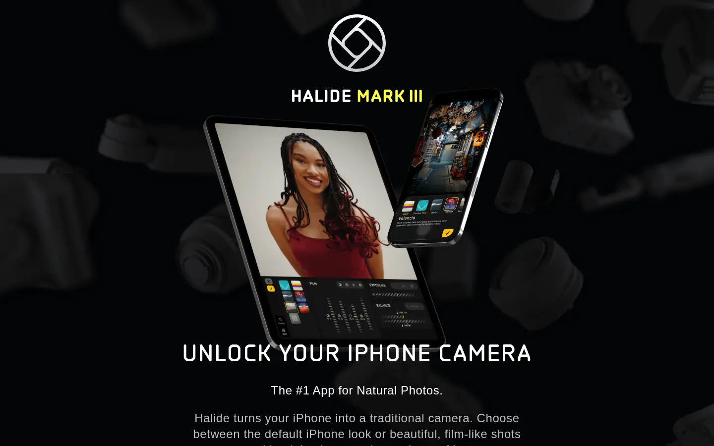 Halide camera app site, first screen, design by Lux