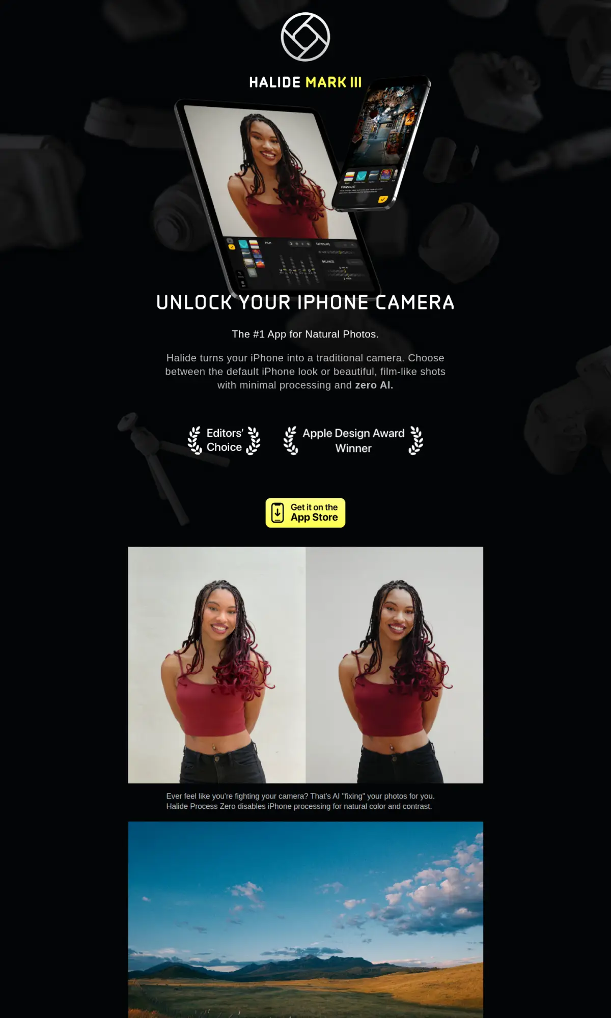Halide camera app site, the page as you scroll