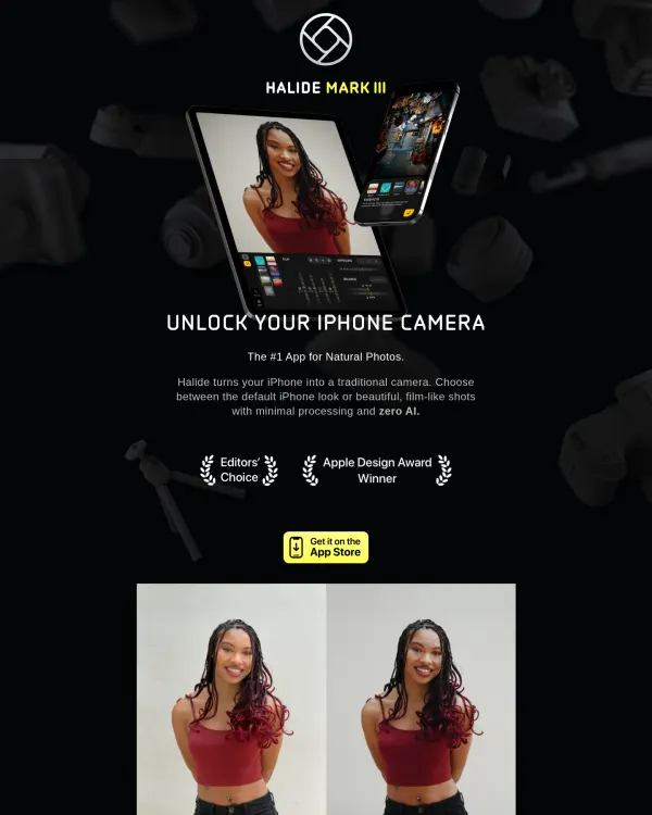 Halide camera app site, design by Lux