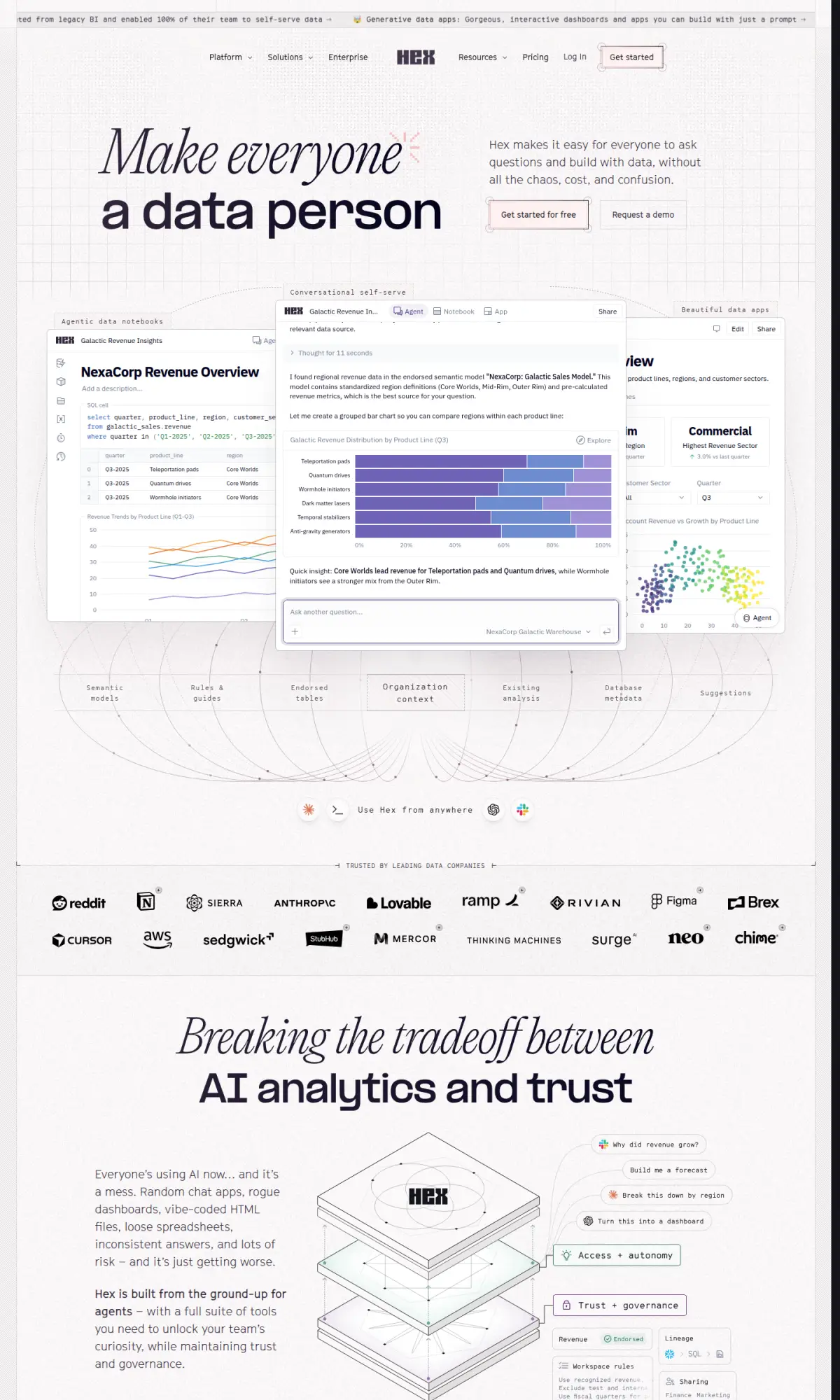 Hex homepage, the page as you scroll