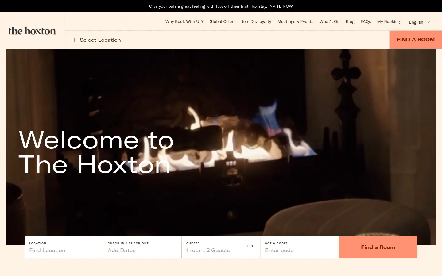 The Hoxton homepage, first screen, design by The Hoxton
