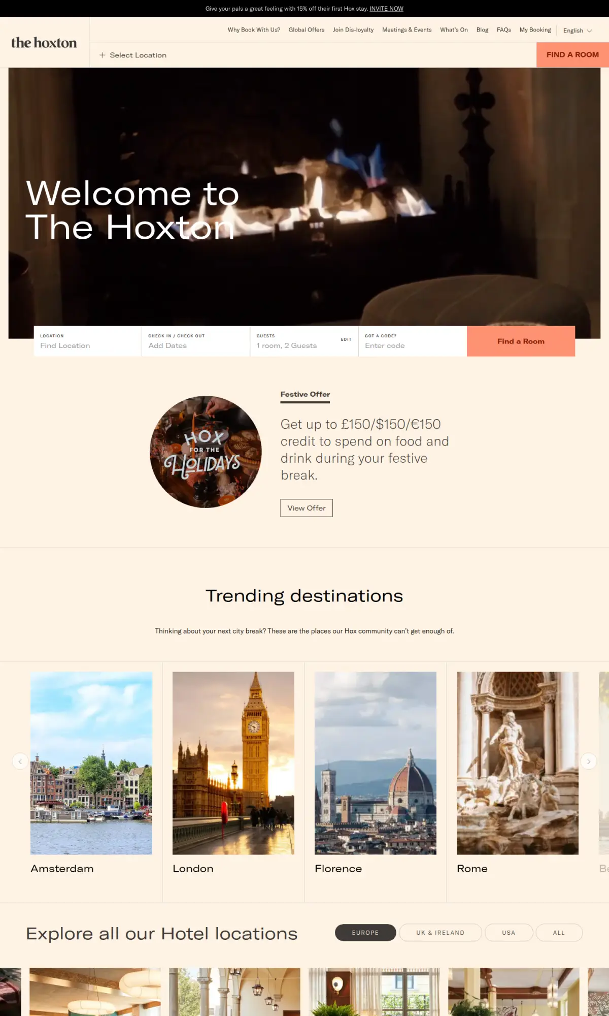 The Hoxton homepage, the page as you scroll