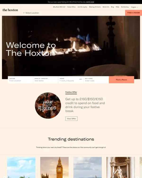 The Hoxton homepage, design by The Hoxton