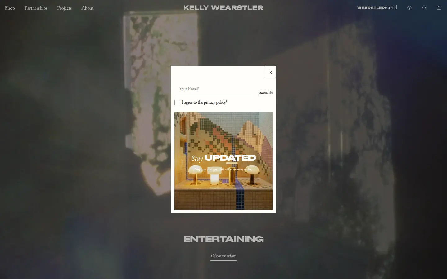 Kelly Wearstler homepage, first screen, design by Kelly Wearstler