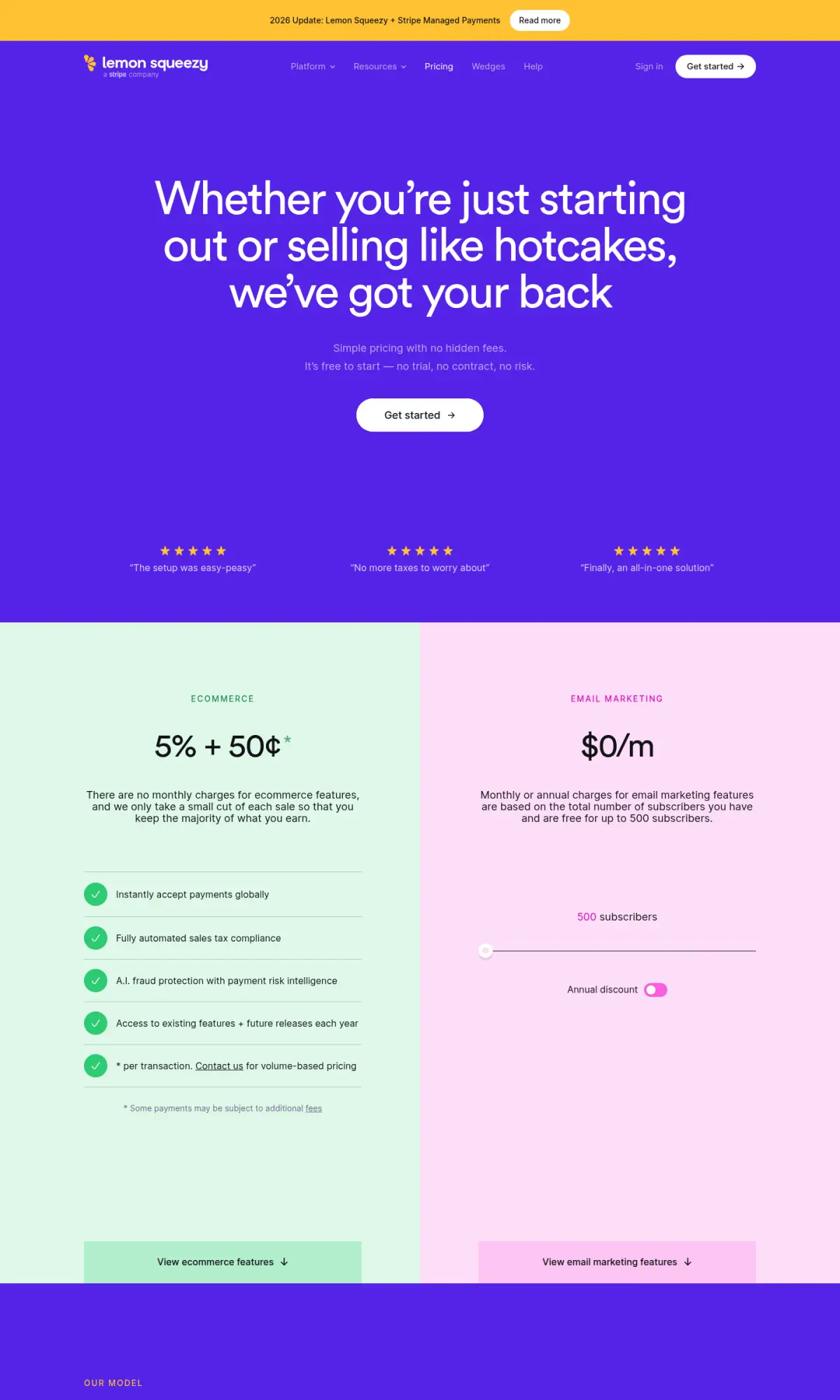 Lemon Squeezy pricing page, the page as you scroll