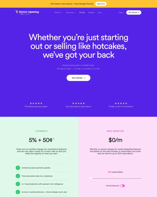 Lemon Squeezy pricing page, design by Lemon Squeezy
