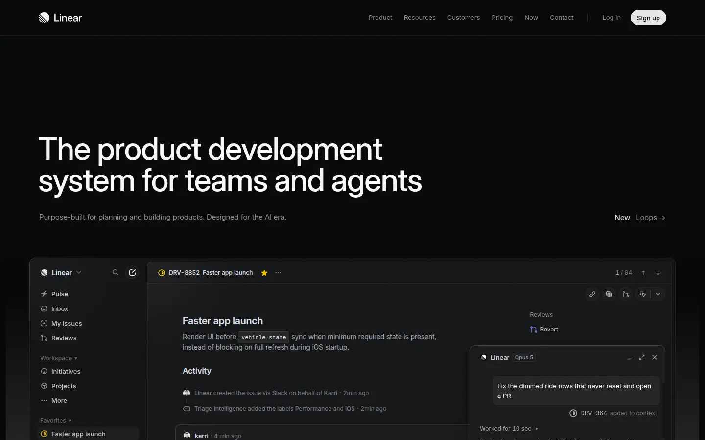 Linear homepage, first screen, design by Linear