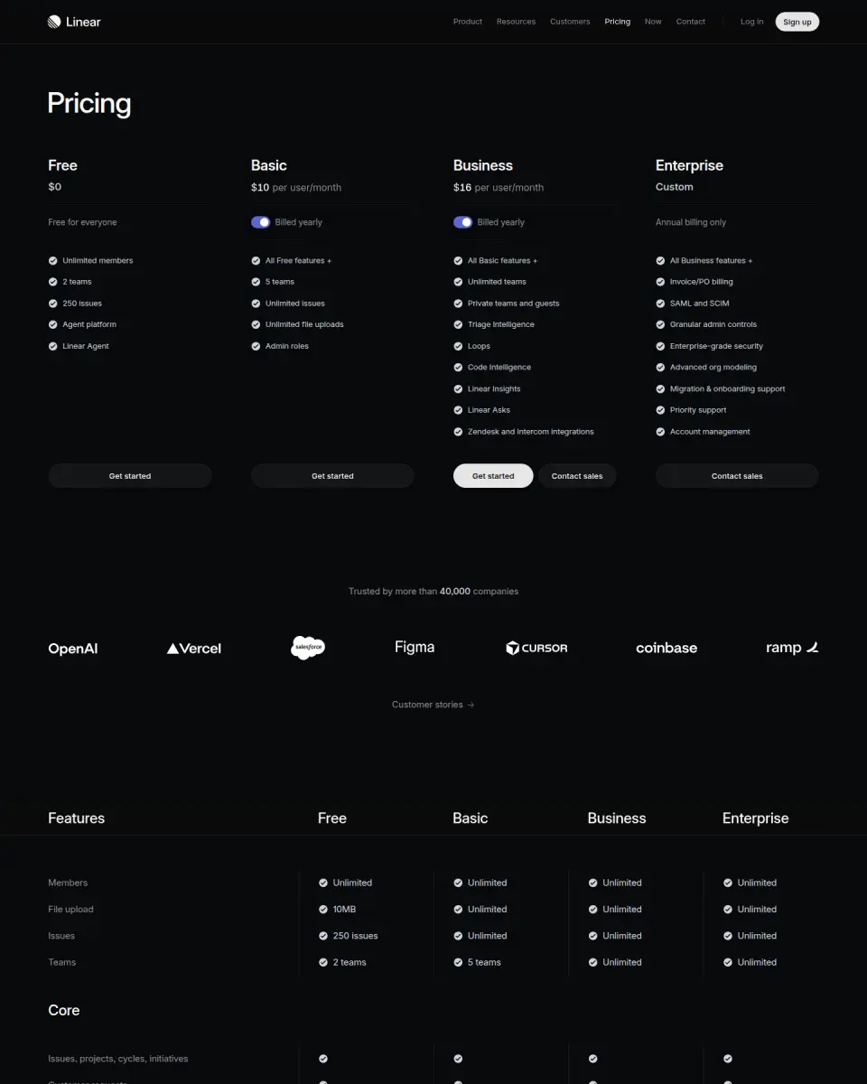 Linear pricing page, design by Linear