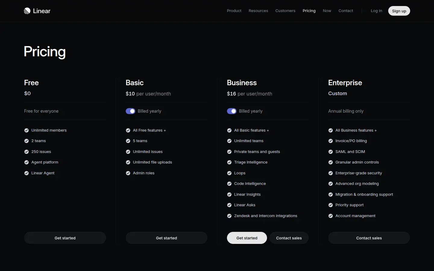Linear pricing page, first screen, design by Linear