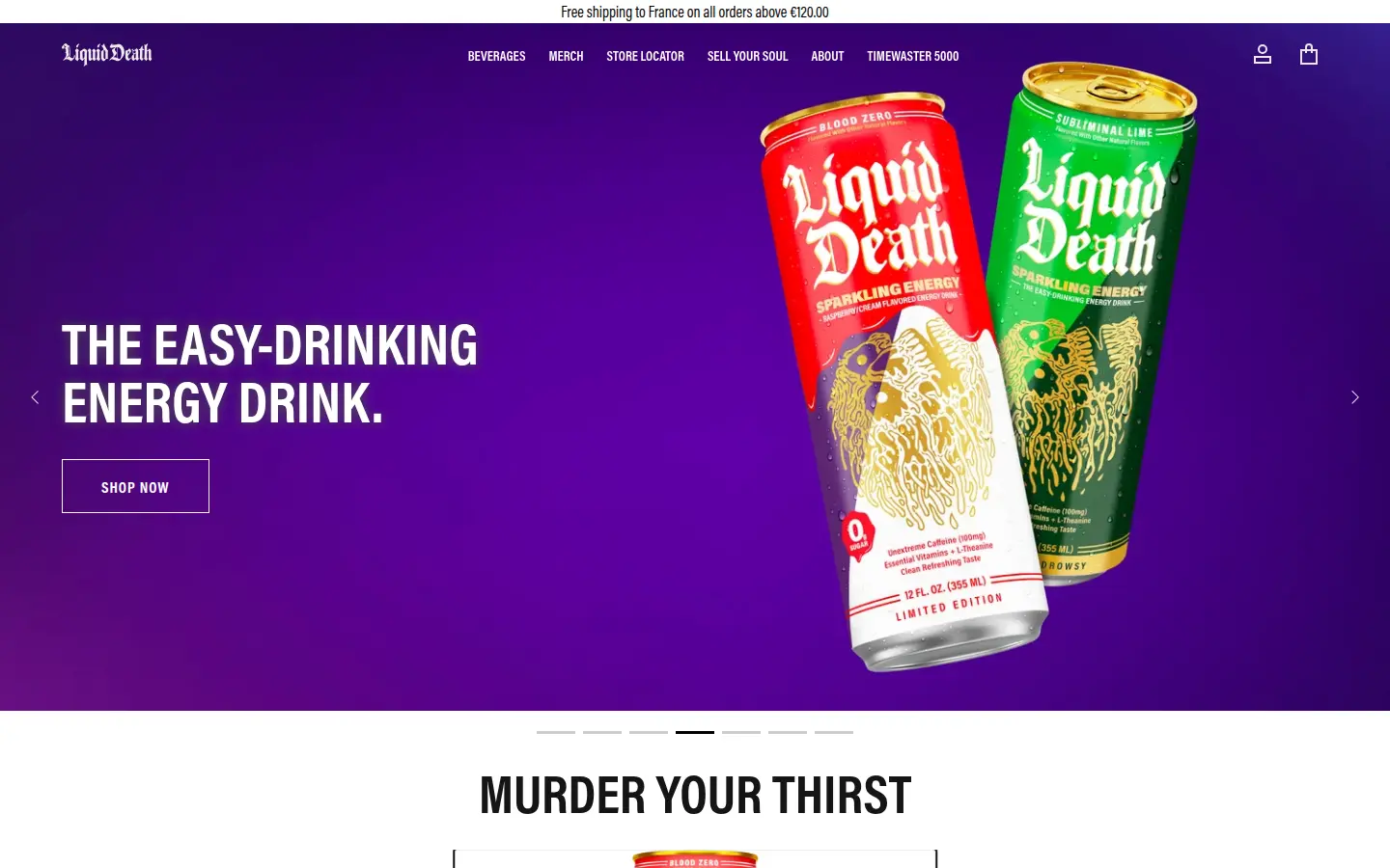 Liquid Death homepage, first screen, design by Liquid Death