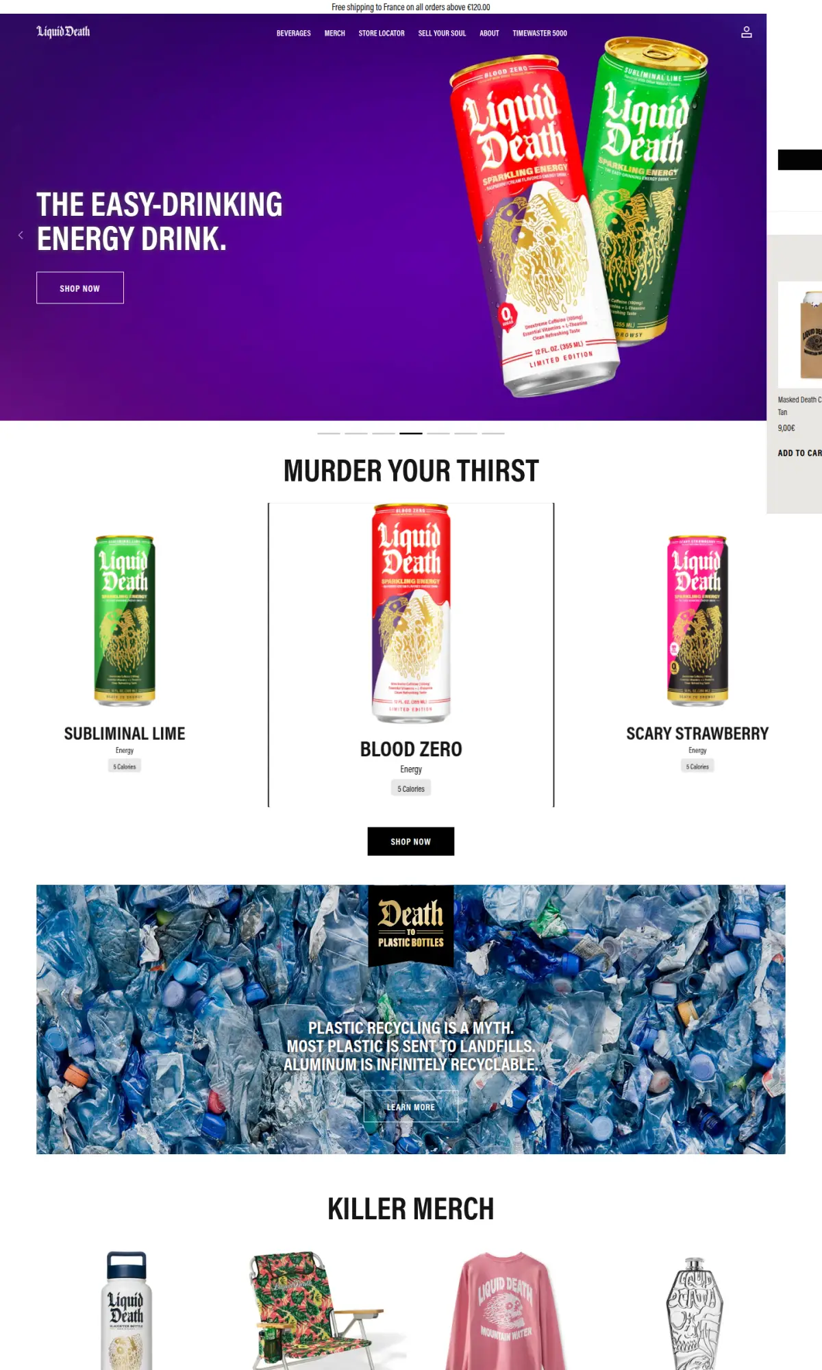 Liquid Death homepage, the page as you scroll