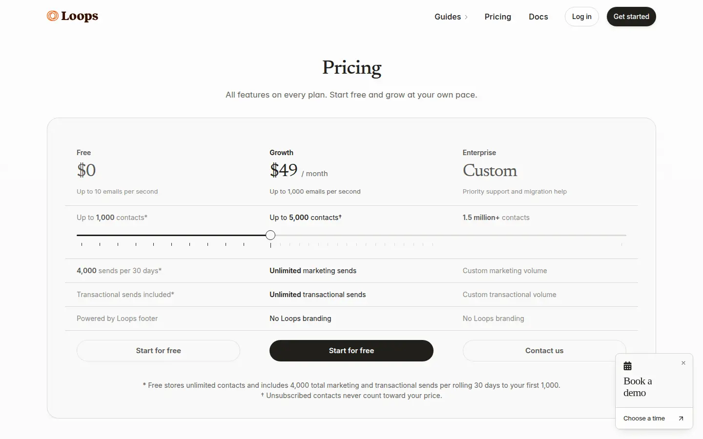 Loops pricing page, first screen, design by Loops